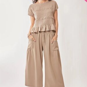 Bluivy Beige Wide-Leg Smocked Waist Pants